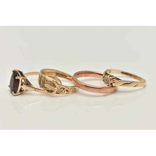 18 - A SELECTION OF FOUR 9CT YELLOW AND ROSE GOLD RINGS, to include a diamond single stone ring set with ... 