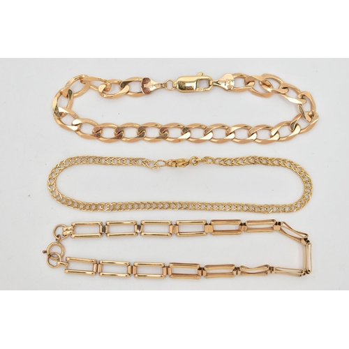 20 - A SELECTION OF THREE 9CT YELLOW GOLD BRACELETS, to include a flat curb link bracelet with lobster cl... 