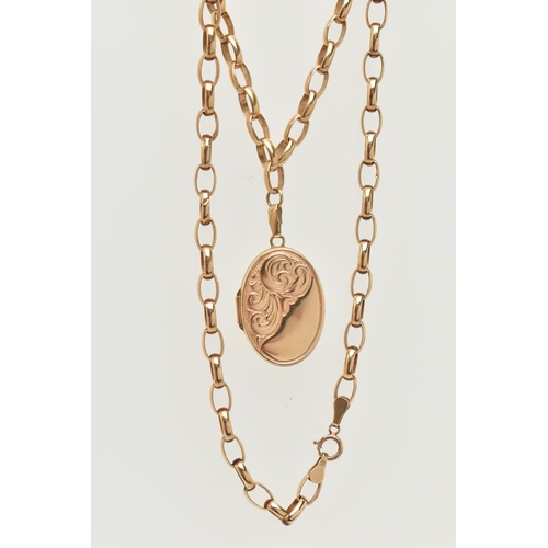 21 - A 9CT YELLOW GOLD LOCKET AND CHAIN, the oval-shape locket with scroll detail, suspended from a belch... 