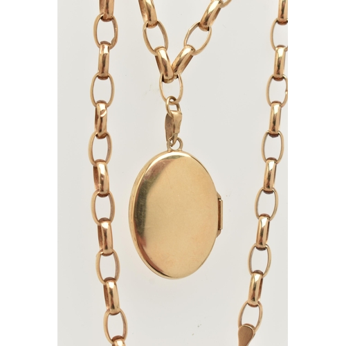 21 - A 9CT YELLOW GOLD LOCKET AND CHAIN, the oval-shape locket with scroll detail, suspended from a belch... 