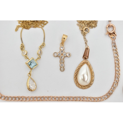 22 - A SELECTION OF YELLOW METAL JEWELLERY, to include a cubic zirconia cross pendant stamped 9ct ZED, a ... 