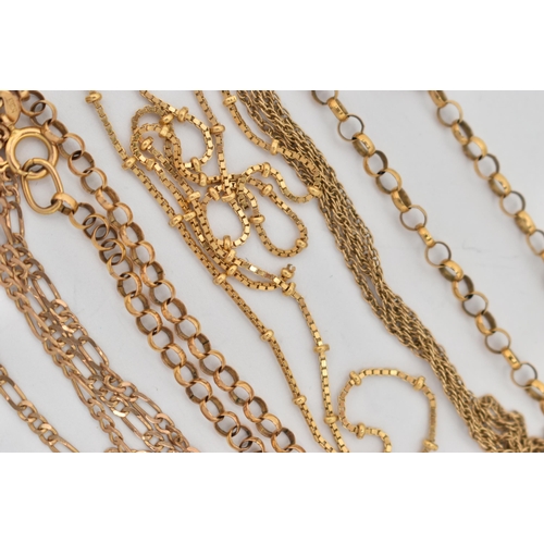 24 - A SELECTION OF YELLOW METAL CHAINS, BRACELETS AND BROKEN CHAINS, to include a rope-twist chain with ... 