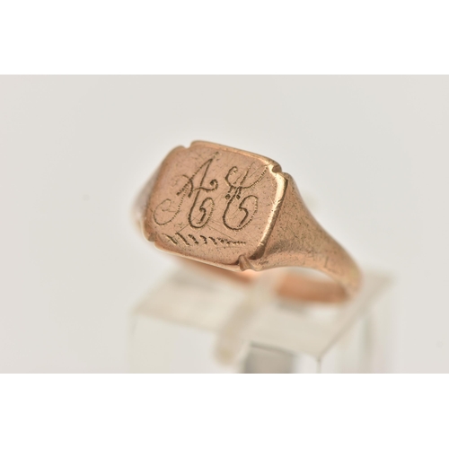 26 - A 9CT GOLD GENTS SIGNET RING, square form with engraved monogram, to a polished band, hallmarked 9ct... 