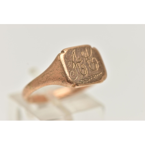 26 - A 9CT GOLD GENTS SIGNET RING, square form with engraved monogram, to a polished band, hallmarked 9ct... 