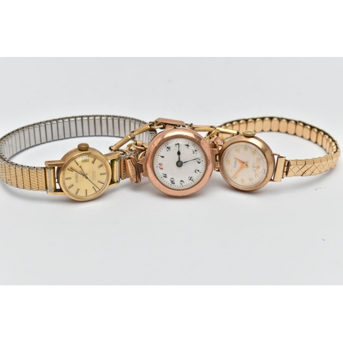 30 - THREE LADIES WRISTWATCHES, to include a 9ct gold manual wind watch, missing crown, hallmarked 9ct Lo... 