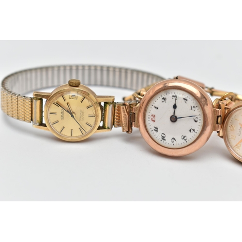 30 - THREE LADIES WRISTWATCHES, to include a 9ct gold manual wind watch, missing crown, hallmarked 9ct Lo... 