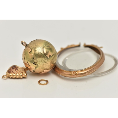 37 - THREE ITEMS OF YELLOW METAL JEWELLERY, to include a pendant in the form of planet earth, fitted with... 