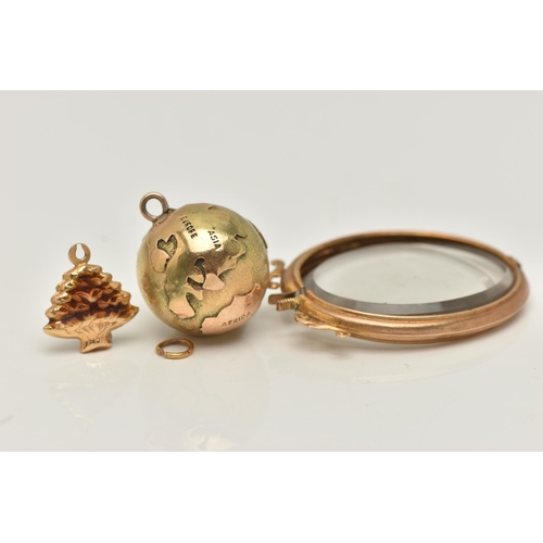 37 - THREE ITEMS OF YELLOW METAL JEWELLERY, to include a pendant in the form of planet earth, fitted with... 