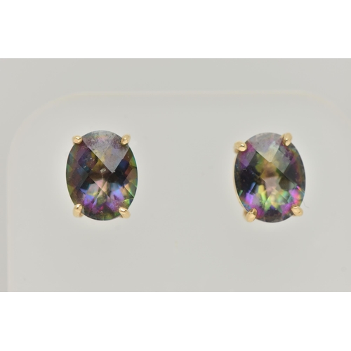 38 - A PAIR OF MYSTIC TOPAZ STUD EARRINGS, each designed as an oval mystic topaz in a four claw setting, ... 