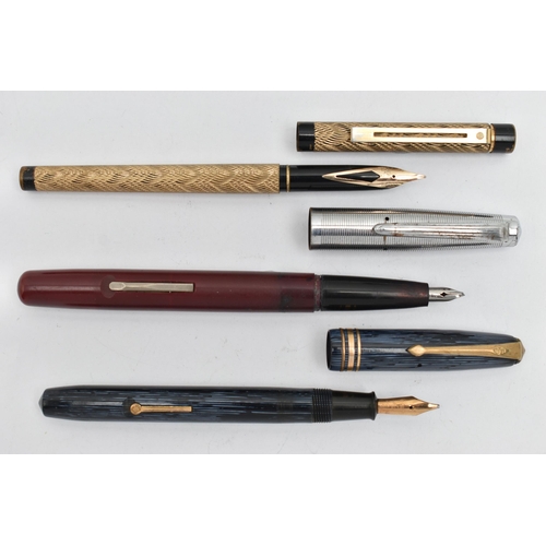 42 - THREE PENS, to include a Sheaffer pen with 14k nib and engine turned case, a Conway Stewart 36, stri... 