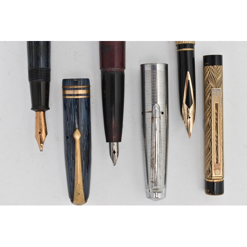 42 - THREE PENS, to include a Sheaffer pen with 14k nib and engine turned case, a Conway Stewart 36, stri... 