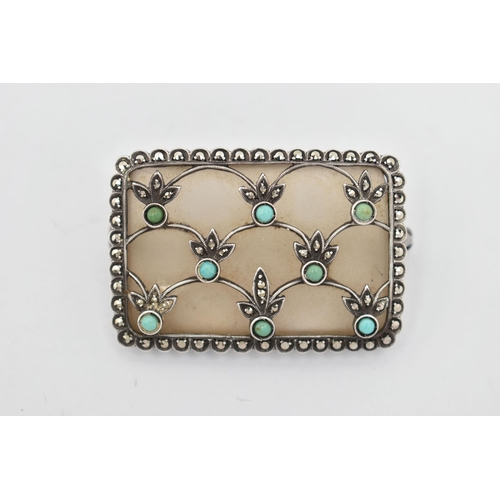 43 - A WHITE METAL 'THEODORE FAHRNER' GEM SET BROOCH, of a rectangular form, set with colourless quartz i... 