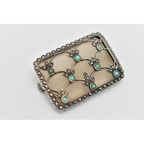 43 - A WHITE METAL 'THEODORE FAHRNER' GEM SET BROOCH, of a rectangular form, set with colourless quartz i... 