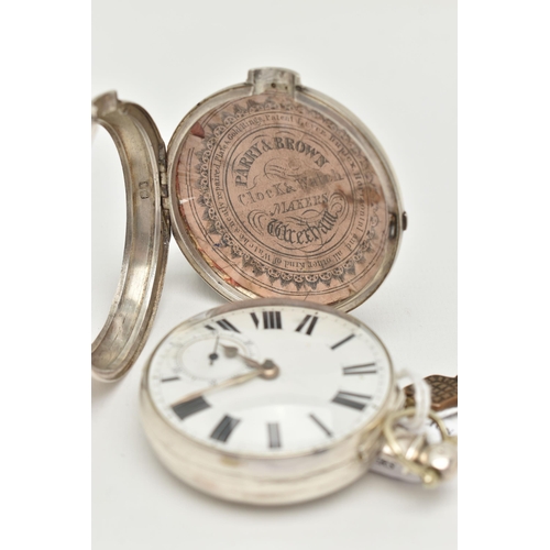 44 - A SILVER OPEN FACE POCKET WATCH AND PAIRING CASE, key wound movement, Roman numerals, subsidiary dia... 