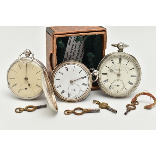 47 - THREE POCKET WATCHES, the first a silver full hunter pocket watch, Roman numerals, subsidiary second... 