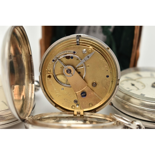 47 - THREE POCKET WATCHES, the first a silver full hunter pocket watch, Roman numerals, subsidiary second... 