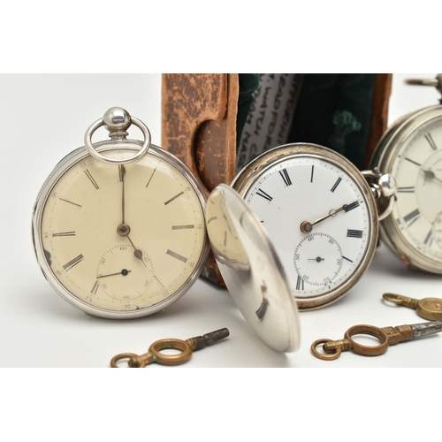 47 - THREE POCKET WATCHES, the first a silver full hunter pocket watch, Roman numerals, subsidiary second... 