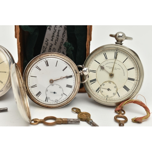 47 - THREE POCKET WATCHES, the first a silver full hunter pocket watch, Roman numerals, subsidiary second... 