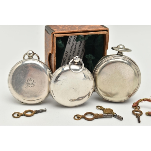 47 - THREE POCKET WATCHES, the first a silver full hunter pocket watch, Roman numerals, subsidiary second... 