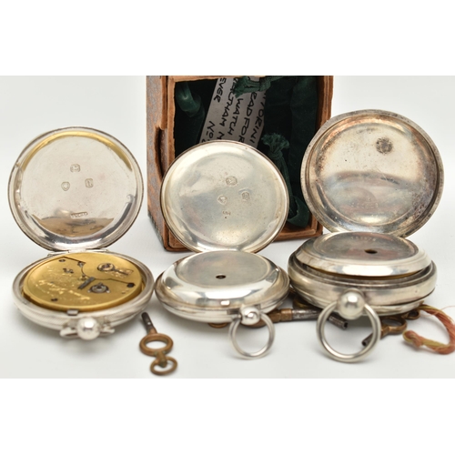 47 - THREE POCKET WATCHES, the first a silver full hunter pocket watch, Roman numerals, subsidiary second... 