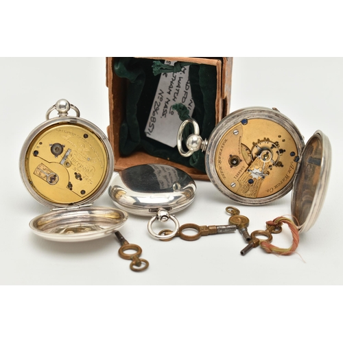 47 - THREE POCKET WATCHES, the first a silver full hunter pocket watch, Roman numerals, subsidiary second... 