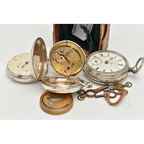 47 - THREE POCKET WATCHES, the first a silver full hunter pocket watch, Roman numerals, subsidiary second... 