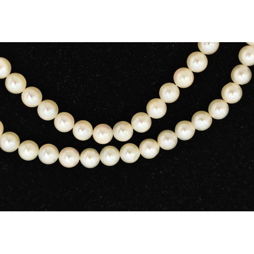 51 - A DOUBLE STRAND OF CULTURED PEARLS WITH DIAMOND CLASP, round white cultured pearls with pink underto... 