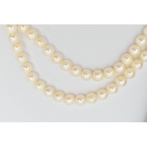 51 - A DOUBLE STRAND OF CULTURED PEARLS WITH DIAMOND CLASP, round white cultured pearls with pink underto... 