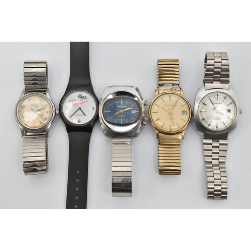 60 - FIVE GENTS WRISTWATCHES, to include a stainless steel 'Memostar Alarm' fitted with a stretch link br... 