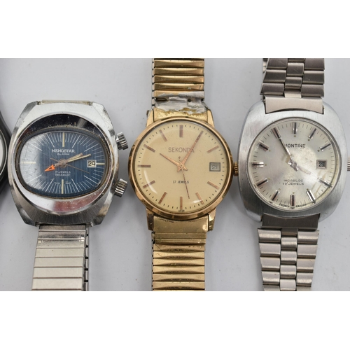 60 - FIVE GENTS WRISTWATCHES, to include a stainless steel 'Memostar Alarm' fitted with a stretch link br... 