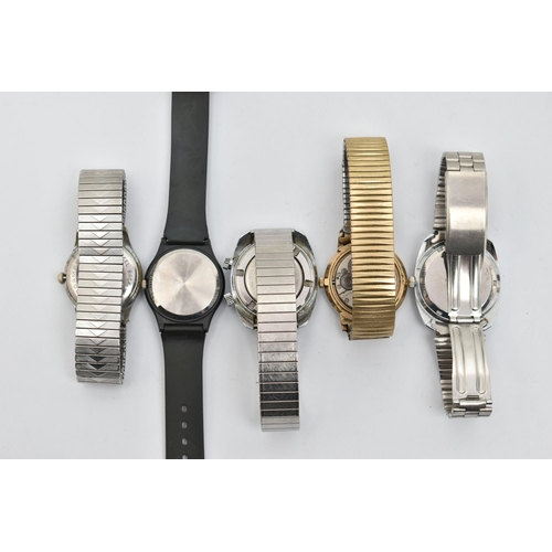 60 - FIVE GENTS WRISTWATCHES, to include a stainless steel 'Memostar Alarm' fitted with a stretch link br... 