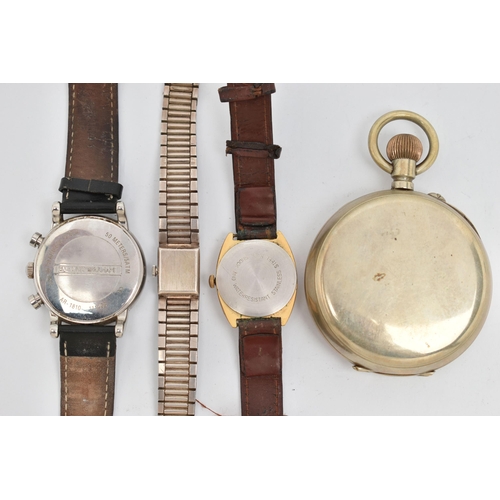 61 - A GOLIATH POCKET WATCH AND THREE WRISTWATCHES, a base metal, manual wind, open face pocket watch, wh... 