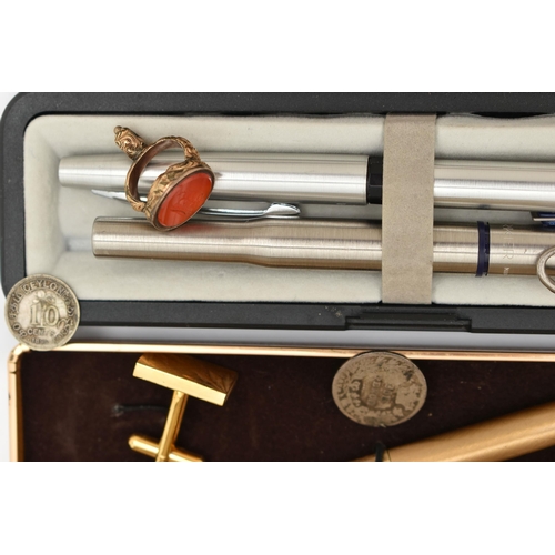 70 - A SELECTION OF ITEMS, to include a 'Mentmore' fountain pen fitted with a 14ct nib, another fountain ... 