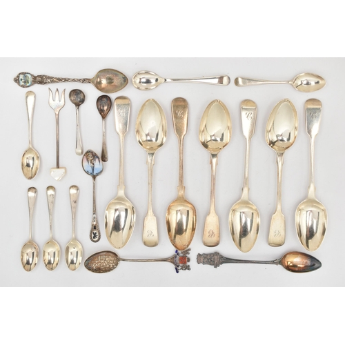 77 - A SELECTION OF SILVER CUTLERY, to include eight fiddle pattern teaspoons, each with engraved initial... 