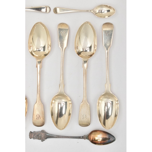 77 - A SELECTION OF SILVER CUTLERY, to include eight fiddle pattern teaspoons, each with engraved initial... 