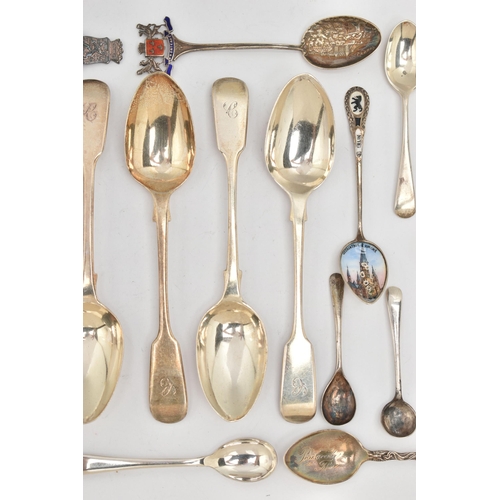 77 - A SELECTION OF SILVER CUTLERY, to include eight fiddle pattern teaspoons, each with engraved initial... 