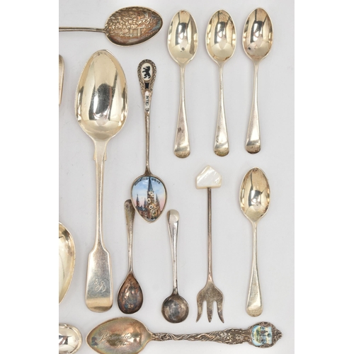 77 - A SELECTION OF SILVER CUTLERY, to include eight fiddle pattern teaspoons, each with engraved initial... 