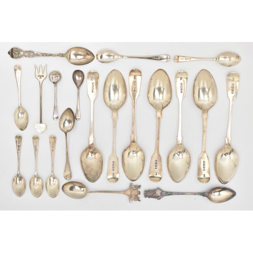 77 - A SELECTION OF SILVER CUTLERY, to include eight fiddle pattern teaspoons, each with engraved initial... 