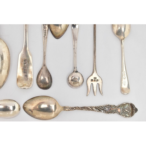 77 - A SELECTION OF SILVER CUTLERY, to include eight fiddle pattern teaspoons, each with engraved initial... 