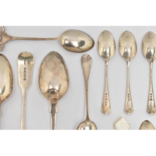 77 - A SELECTION OF SILVER CUTLERY, to include eight fiddle pattern teaspoons, each with engraved initial... 