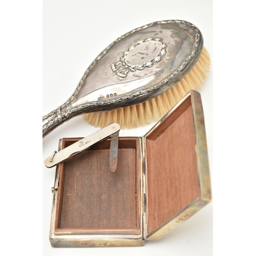 78 - THREE ITEMS OF SILVERWARE, to include a 1920's silver mounted hairbrush, hallmark for Birmingham 192... 