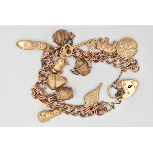 8 - A 9CT GOLD CHARM BRACELET, double curb link bracelet, some links stamped 9.375, fitted with a heart ... 