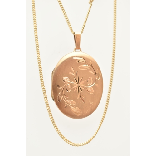 9 - A 9CT GOLD OVAL LOCKET WITH CHAIN, floral pattern to one side of the oval locket, hallmarked 9ct She... 