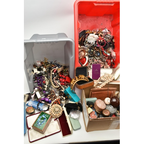 102 - A LARGE ASSORTMENT OF COSTUME JEWELLERY, two boxes of assorted jewellery, to include, necklaces, ban... 