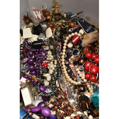 102 - A LARGE ASSORTMENT OF COSTUME JEWELLERY, two boxes of assorted jewellery, to include, necklaces, ban... 