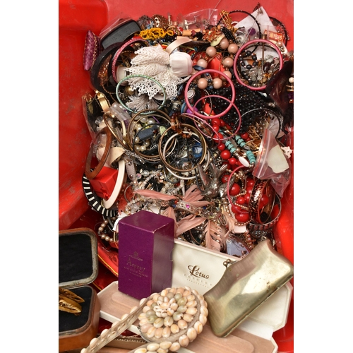 102 - A LARGE ASSORTMENT OF COSTUME JEWELLERY, two boxes of assorted jewellery, to include, necklaces, ban... 