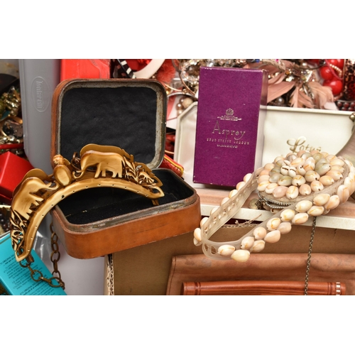 102 - A LARGE ASSORTMENT OF COSTUME JEWELLERY, two boxes of assorted jewellery, to include, necklaces, ban... 