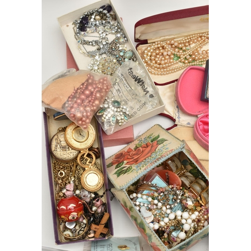 103 - A BOX OF ASSORTED COSTUME JEWELLERY, to include imitation pearl necklaces, assorted brooches, rings,... 