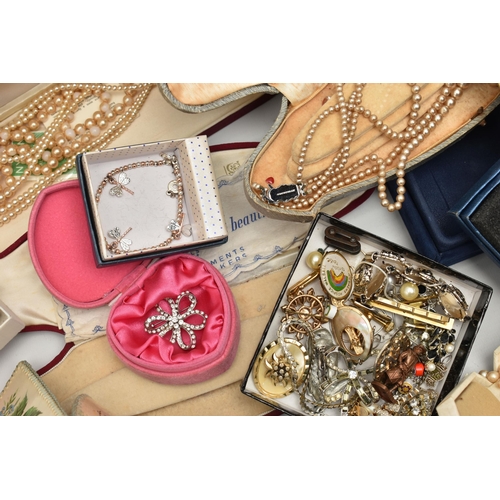 103 - A BOX OF ASSORTED COSTUME JEWELLERY, to include imitation pearl necklaces, assorted brooches, rings,... 