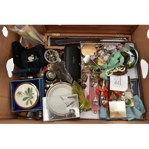 105 - A BOX OF ASSORTED ITEMS, to include various sporting medals, costume jewellery, 'Stratton' compact, ... 